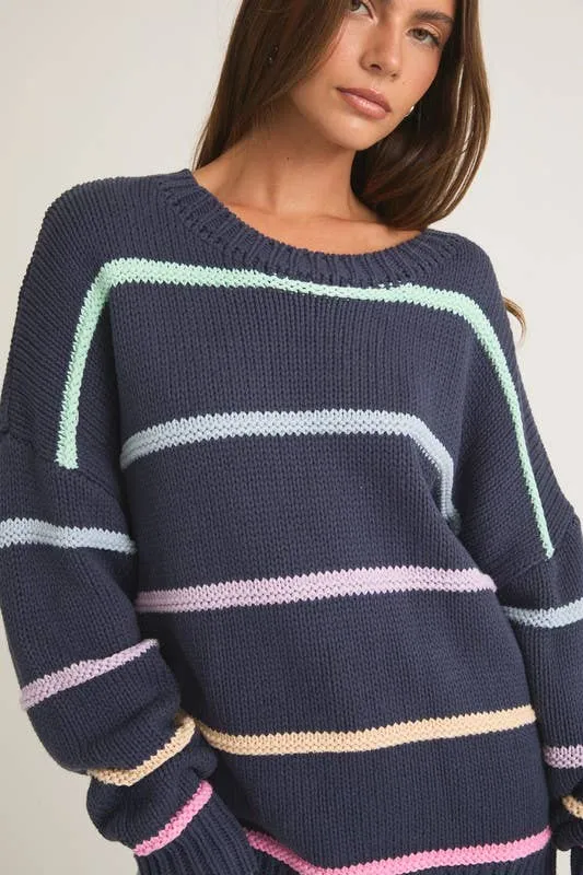 Long Sleeve Round Neck 3d Striped Sweater