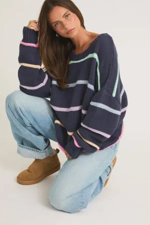 Long Sleeve Round Neck 3d Striped Sweater