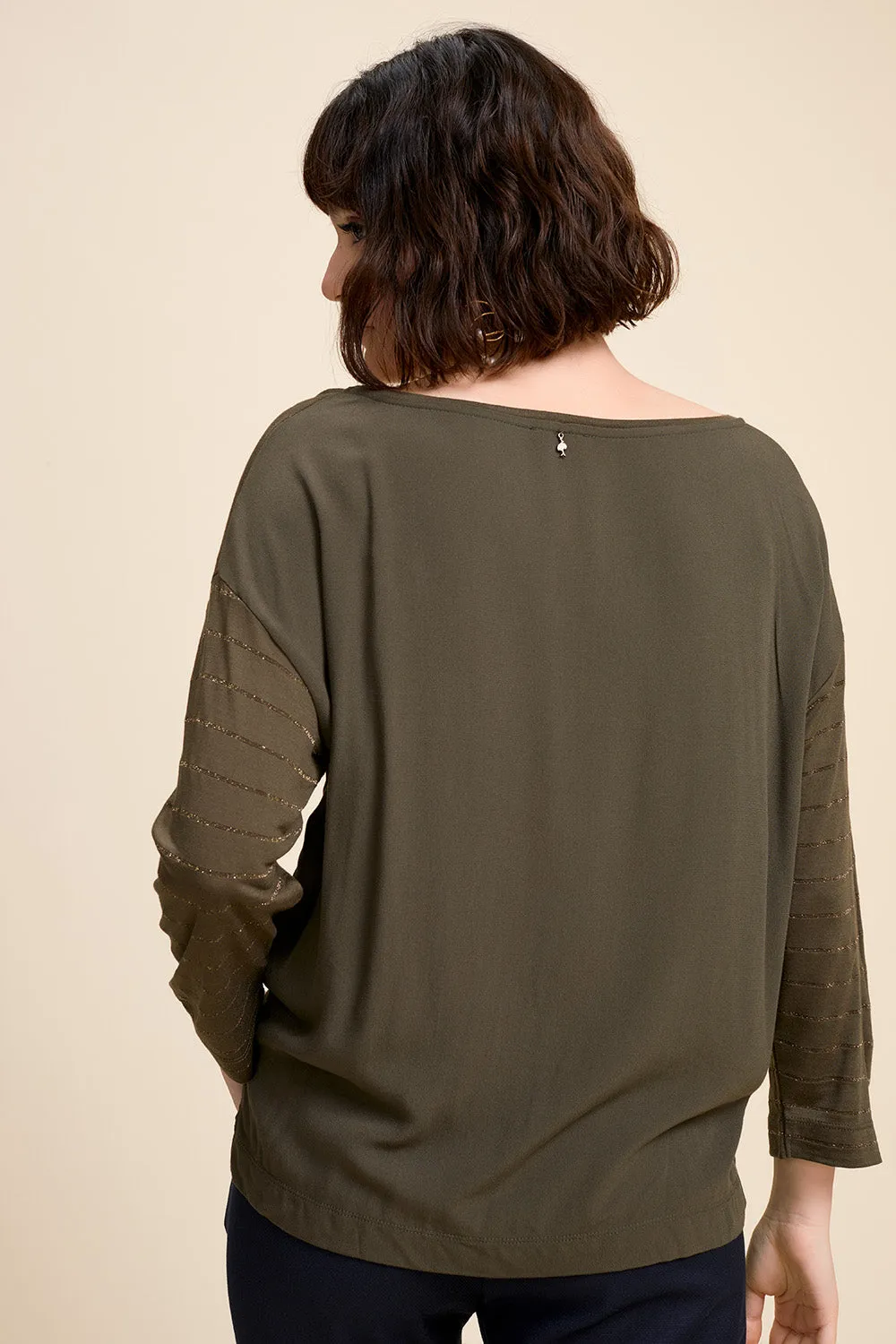 MAFIE - T-shirt kaki bi matière avec rayures dorées