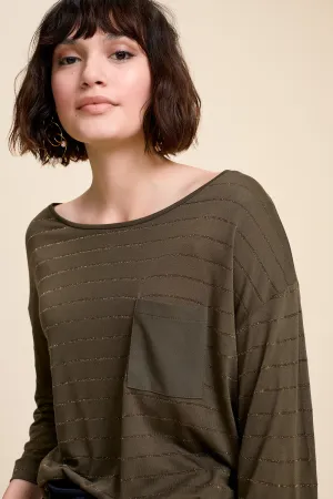 MAFIE - T-shirt kaki bi matière avec rayures dorées