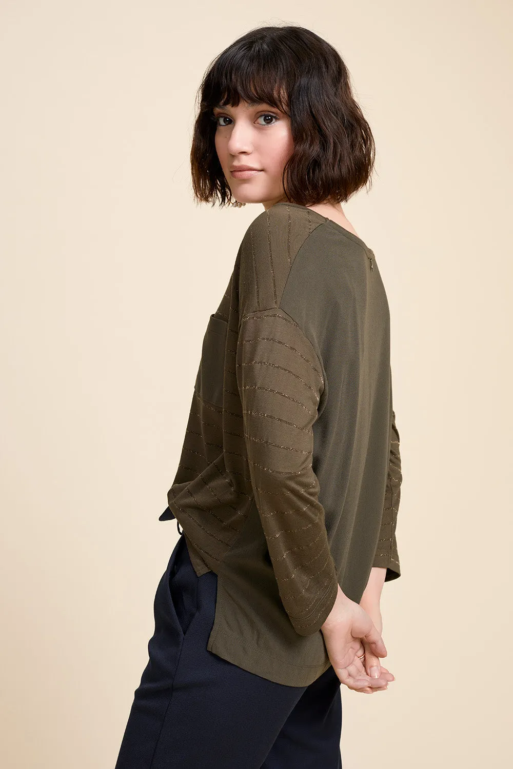 MAFIE - T-shirt kaki bi matière avec rayures dorées