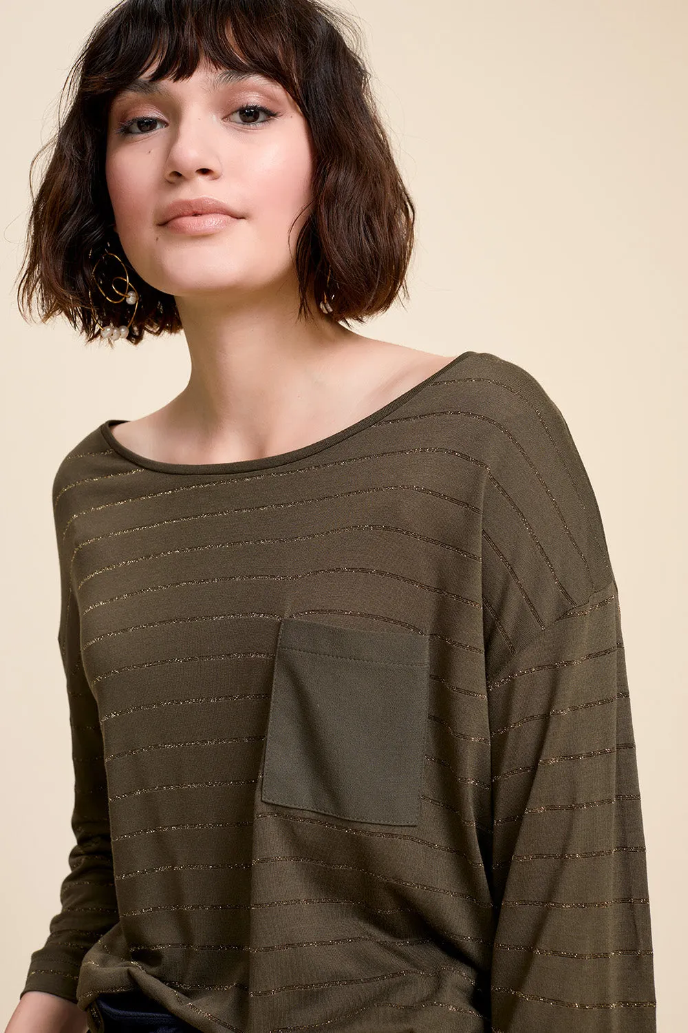 MAFIE - T-shirt kaki bi matière avec rayures dorées
