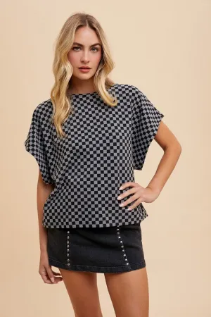 Magda Checkered T-Shirt in Black - Round Neck, Short Sleeves, Trendy Design