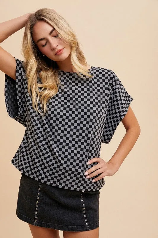 Magda Checkered T-Shirt in Black - Round Neck, Short Sleeves, Trendy Design
