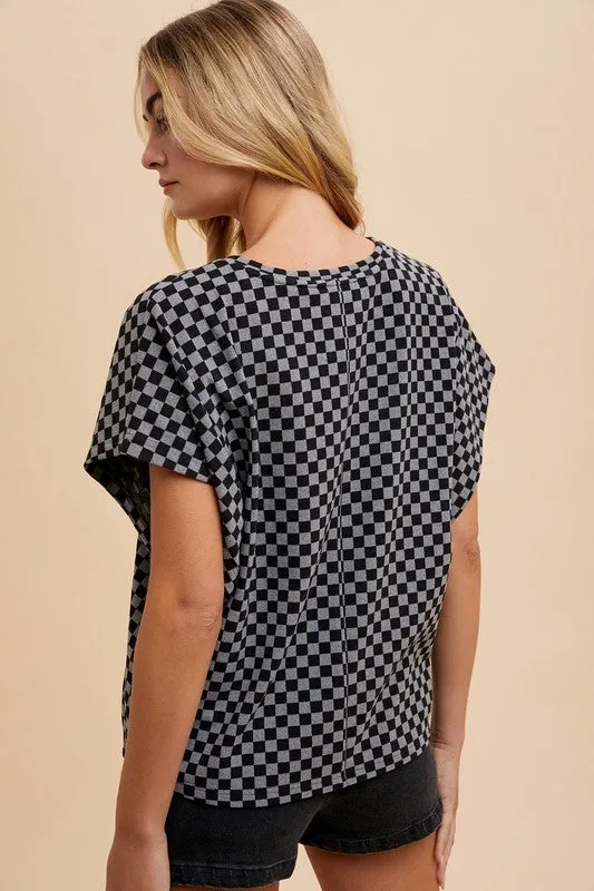 Magda Checkered T-Shirt in Black - Round Neck, Short Sleeves, Trendy Design