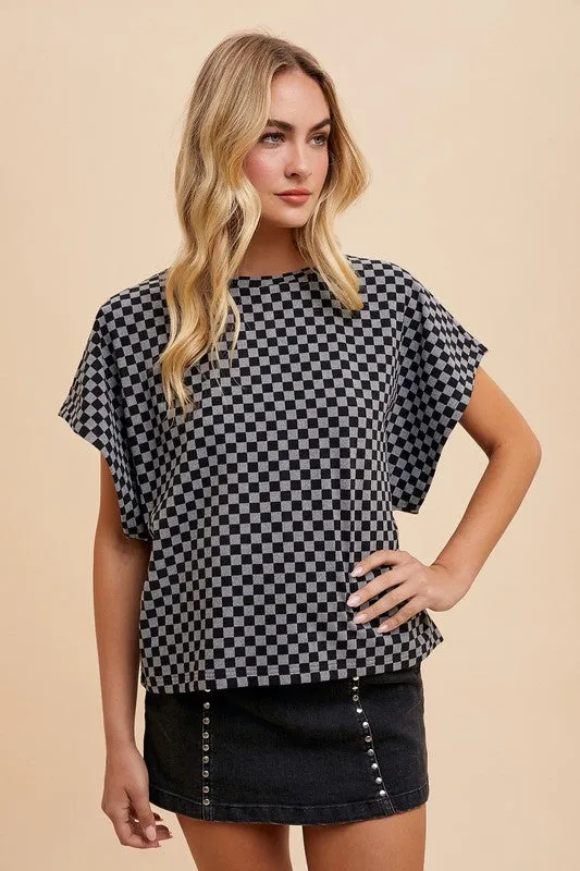 Magda Checkered T-Shirt in Black - Round Neck, Short Sleeves, Trendy Design