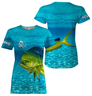 Mahi mahi (Dorado) Fishing Customize Name blue Water Camo fishing t shirts for women NPQ11