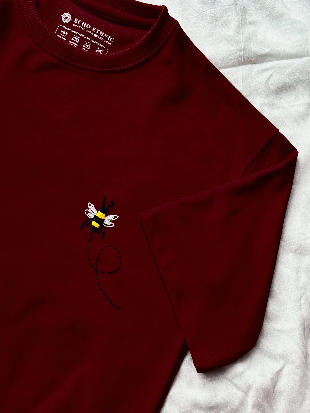 Maroon - Unisex Hand Embroidered Oversize T-Shirt