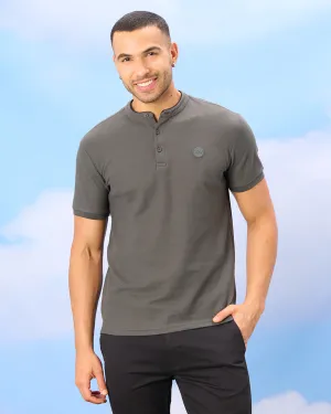 Men Olive Standup Collar Polo Shirt