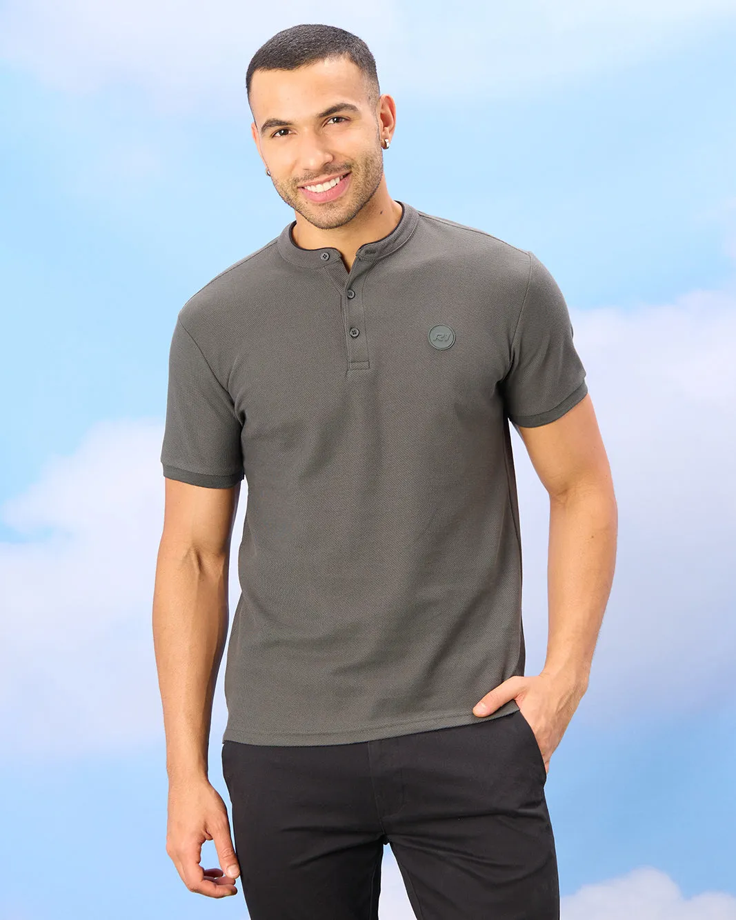 Men Olive Standup Collar Polo Shirt