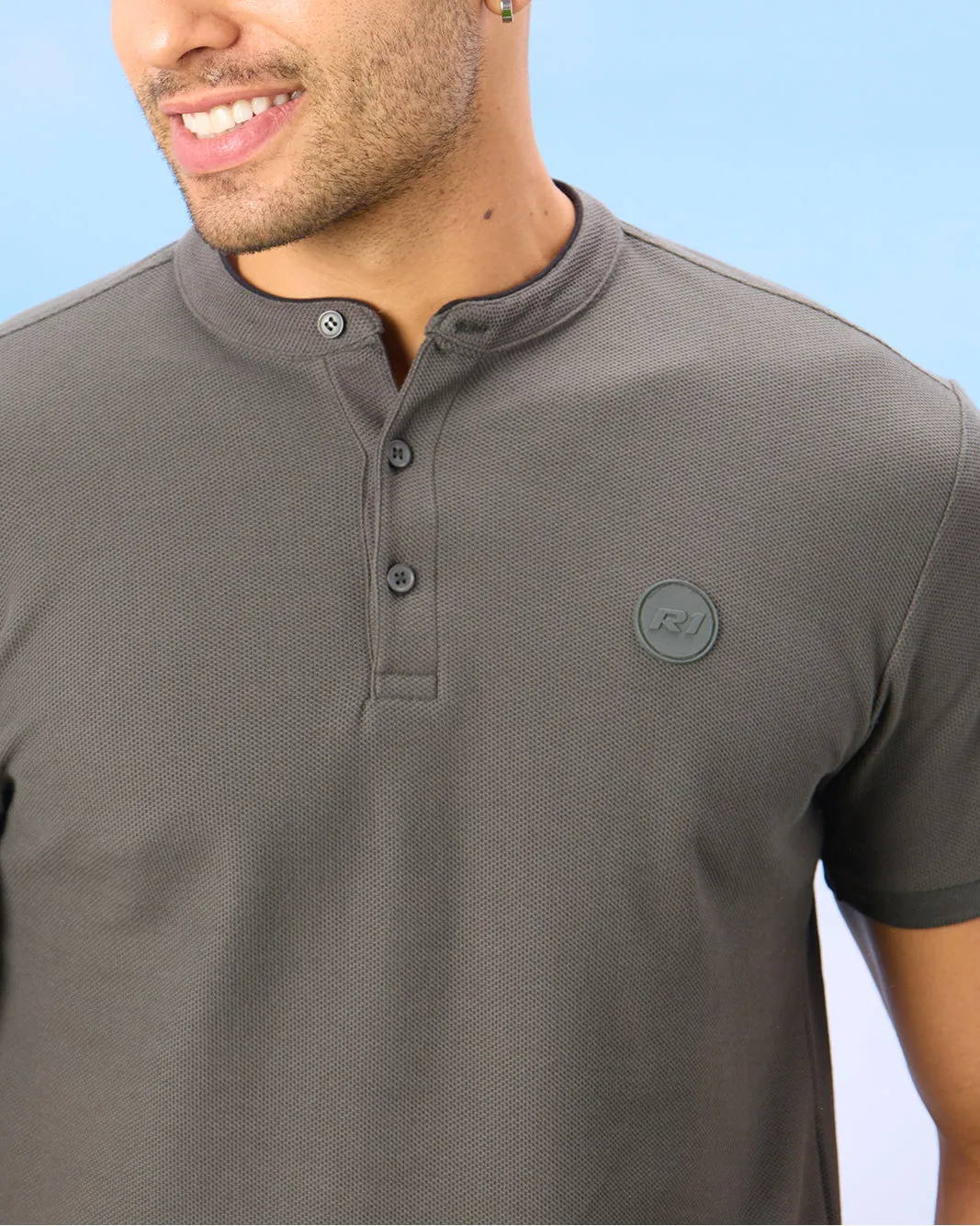 Men Olive Standup Collar Polo Shirt
