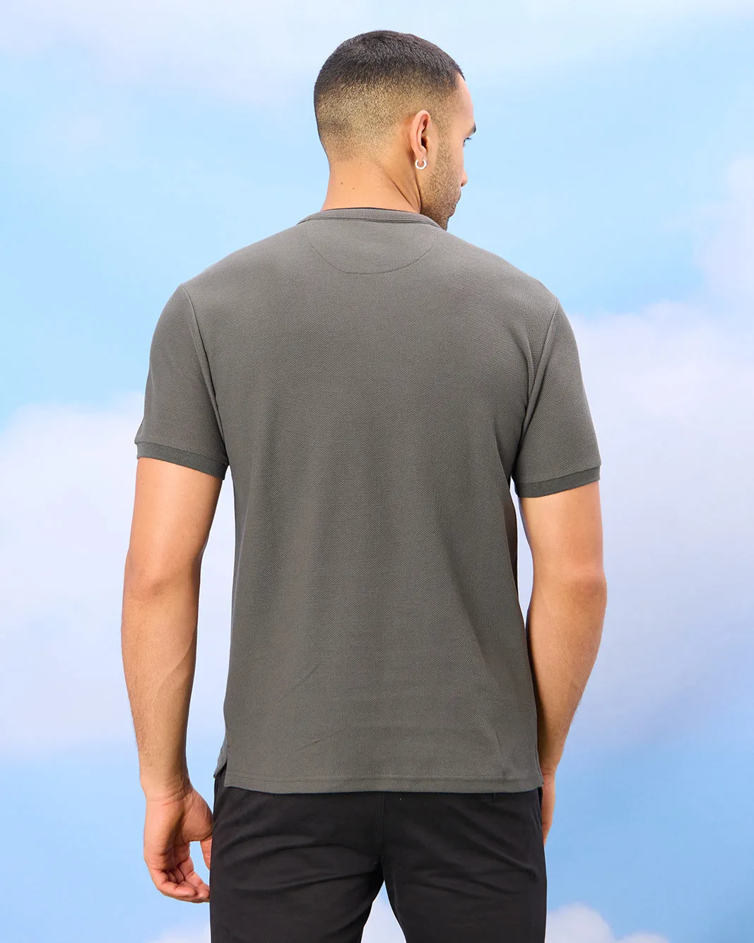 Men Olive Standup Collar Polo Shirt