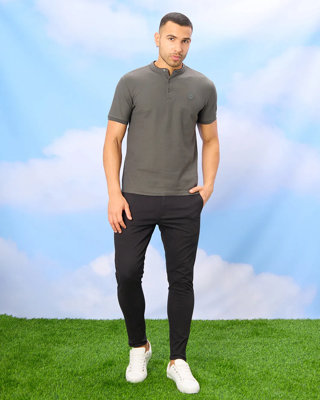 Men Olive Standup Collar Polo Shirt