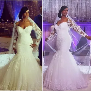 mermaid wedding dresses for bride lace appliqué elegant beaded modest cheap bridal dresses