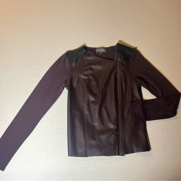 Michael Stars Leather Mixed Moto Lightweight Zip Jacket, Chocolate Brown, Large