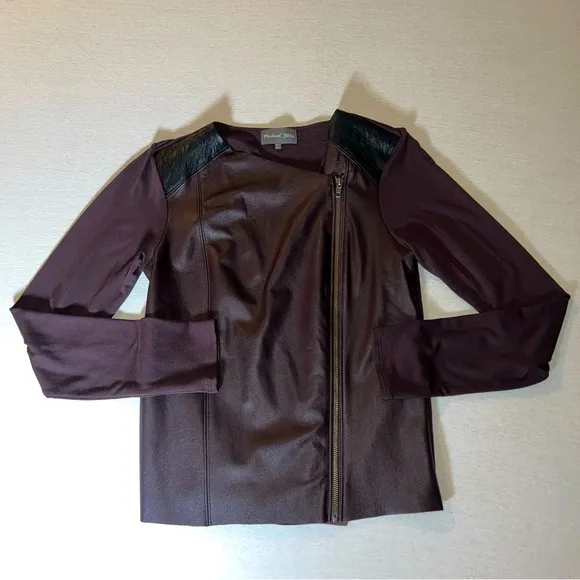 Michael Stars Leather Mixed Moto Lightweight Zip Jacket, Chocolate Brown, Large