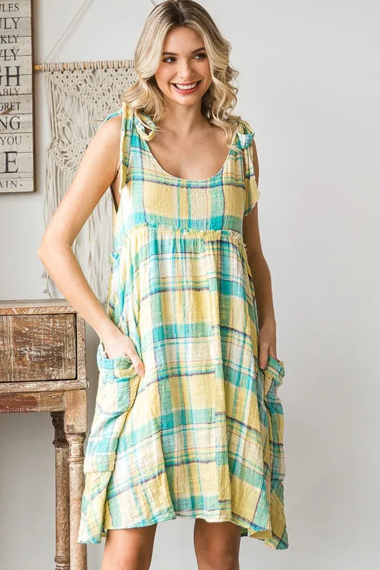 Mineral Washed Plaid Baby Doll Dress