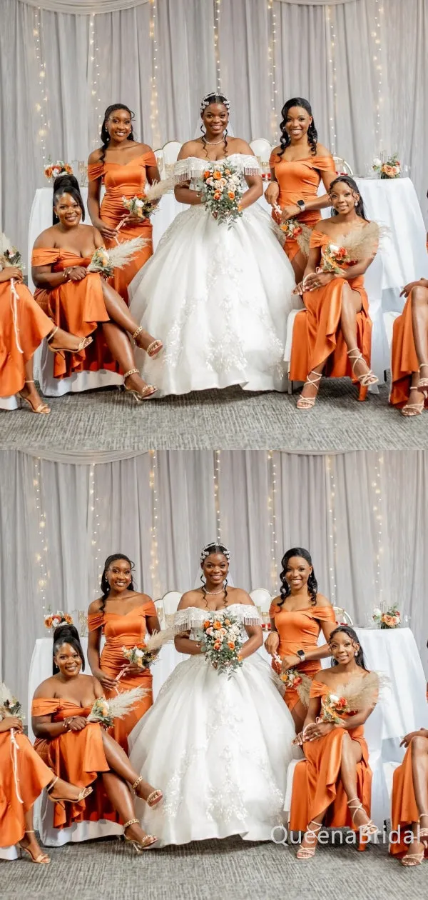 Mismatched Orange One Shoulder Mermaid Long Bridesmaid Dresses for Wedding Party, BDS0233