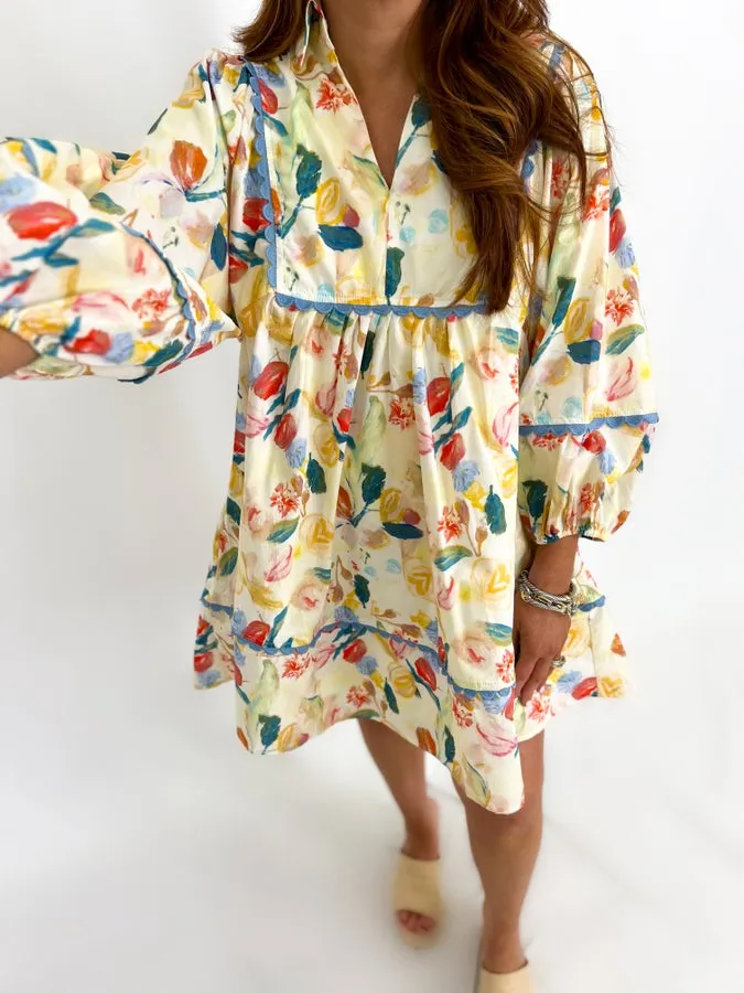 Natural Printed Puff Sleeve Dress