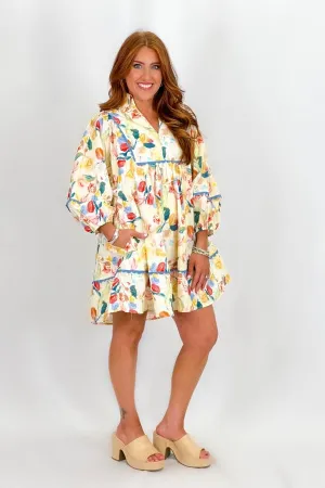 Natural Printed Puff Sleeve Dress