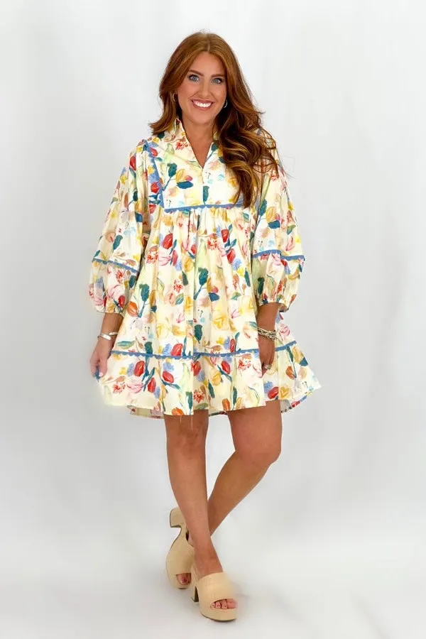 Natural Printed Puff Sleeve Dress