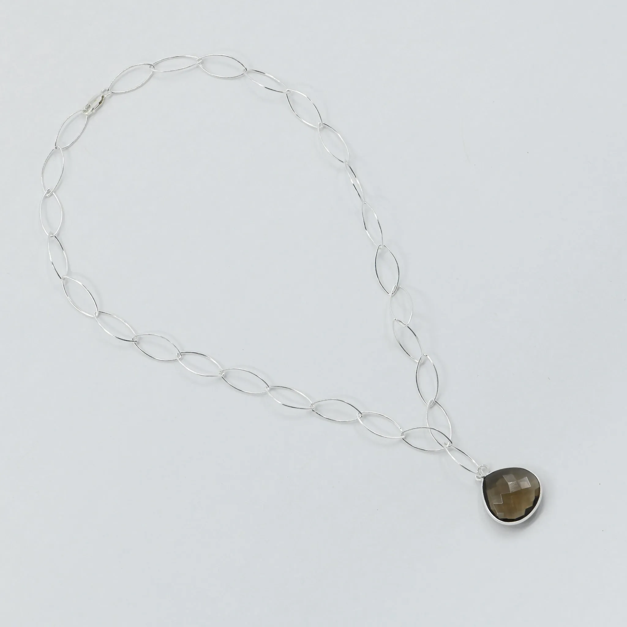 Natural Smokey Topaz Statement Necklace | Sterling Silver Pear Pendant | Marquise Chain | 20mm Gemstone