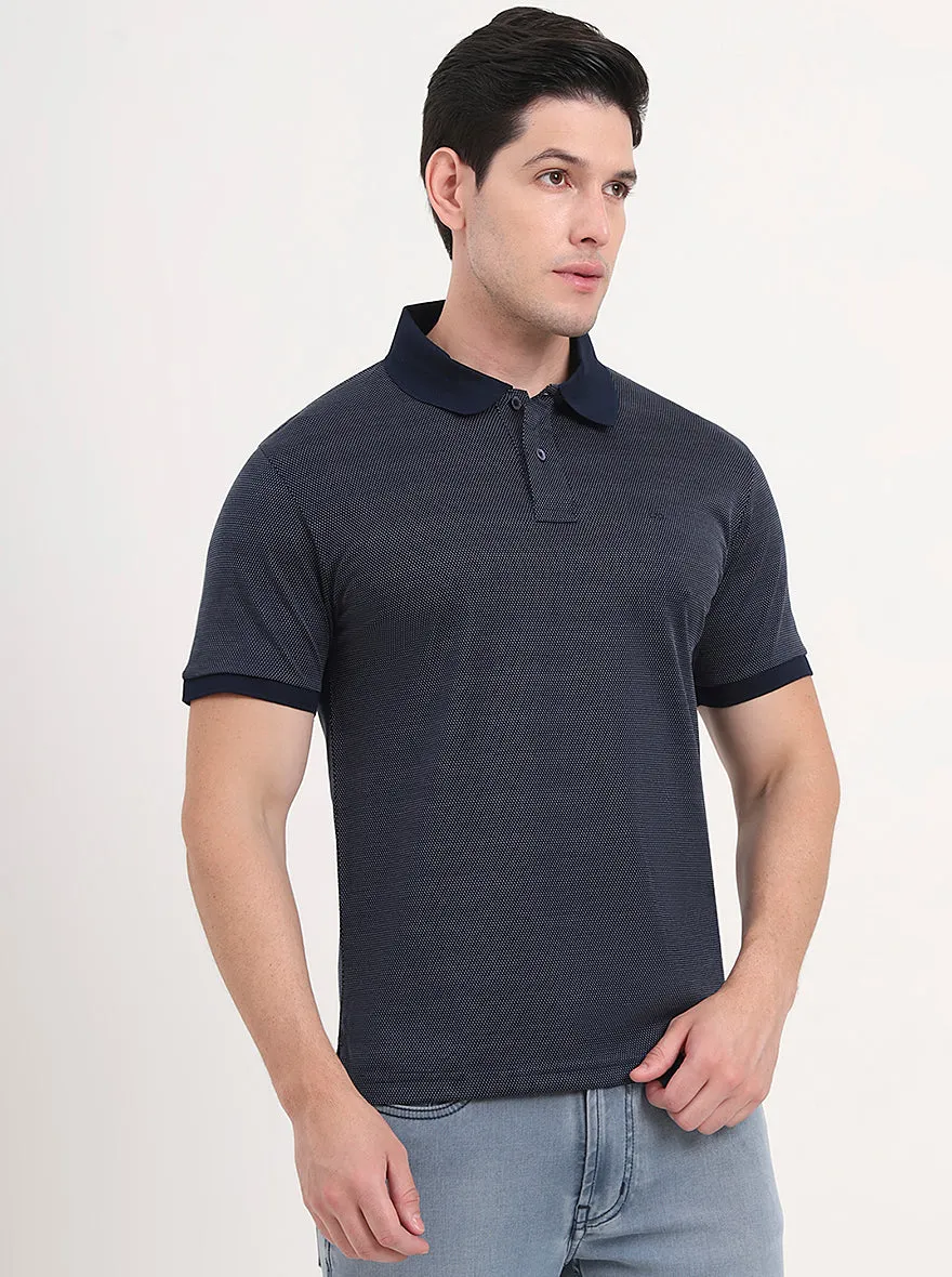 Navy Blue & White Printed Regular Fit Polo T-Shirt | JadeBlue