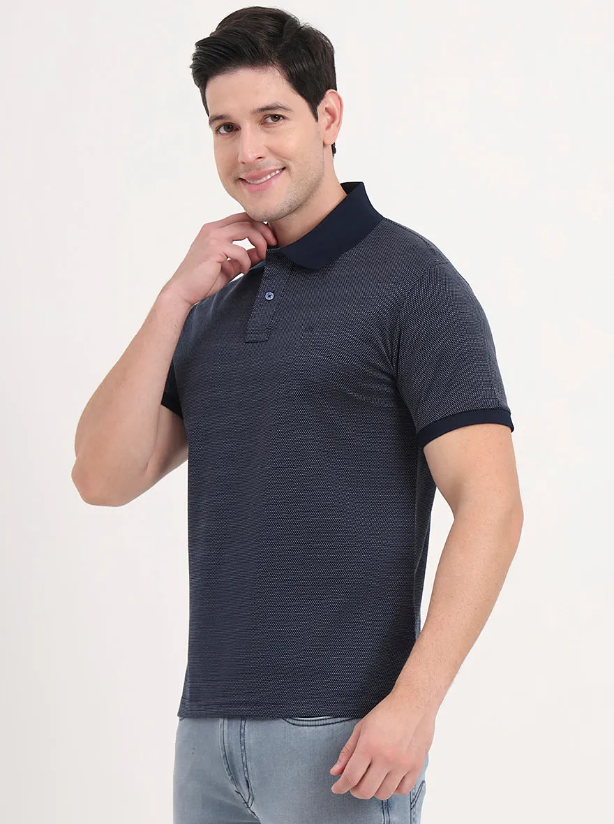 Navy Blue & White Printed Regular Fit Polo T-Shirt | JadeBlue