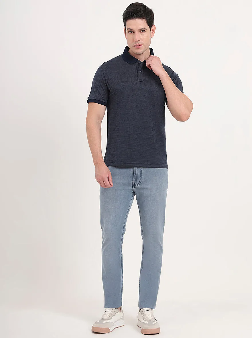 Navy Blue & White Printed Regular Fit Polo T-Shirt | JadeBlue
