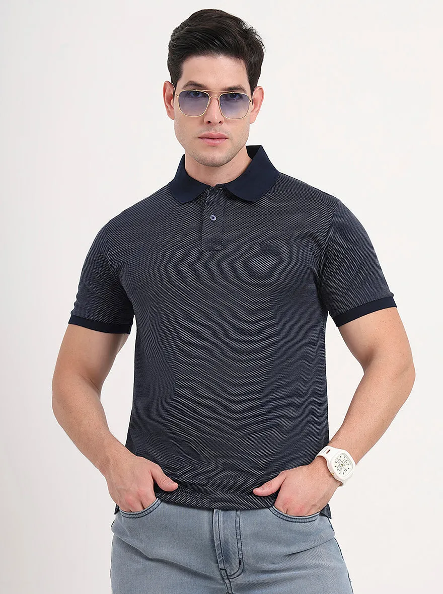 Navy Blue & White Printed Regular Fit Polo T-Shirt | JadeBlue