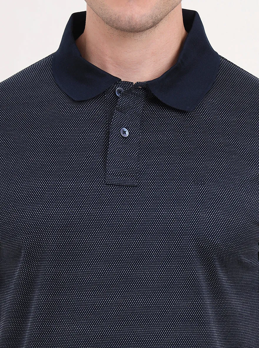 Navy Blue & White Printed Regular Fit Polo T-Shirt | JadeBlue