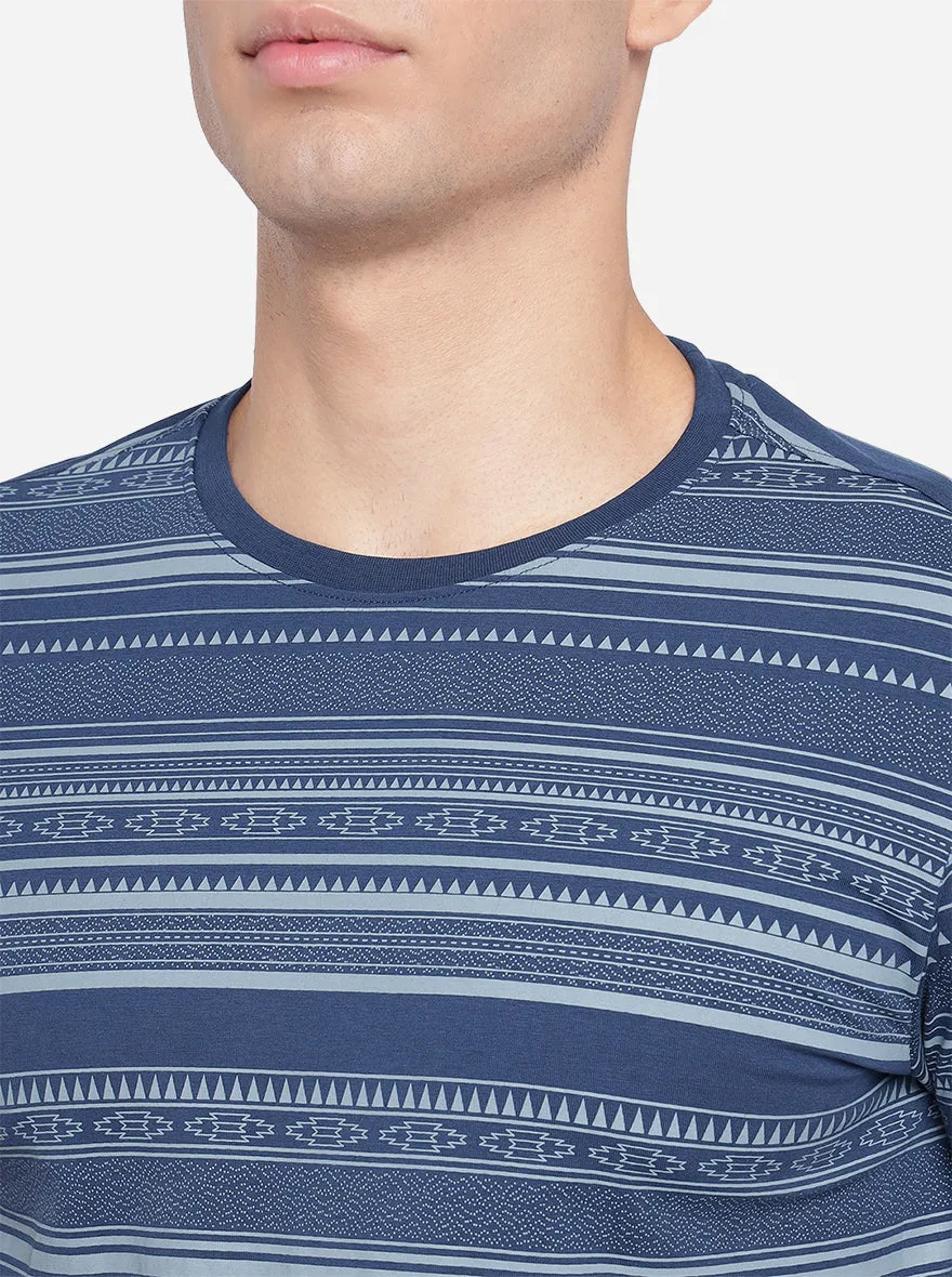 Navy Blue Printed Slim Fit T-Shirt | JadeBlue