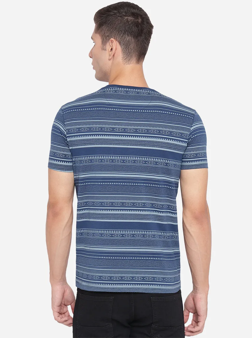 Navy Blue Printed Slim Fit T-Shirt | JadeBlue