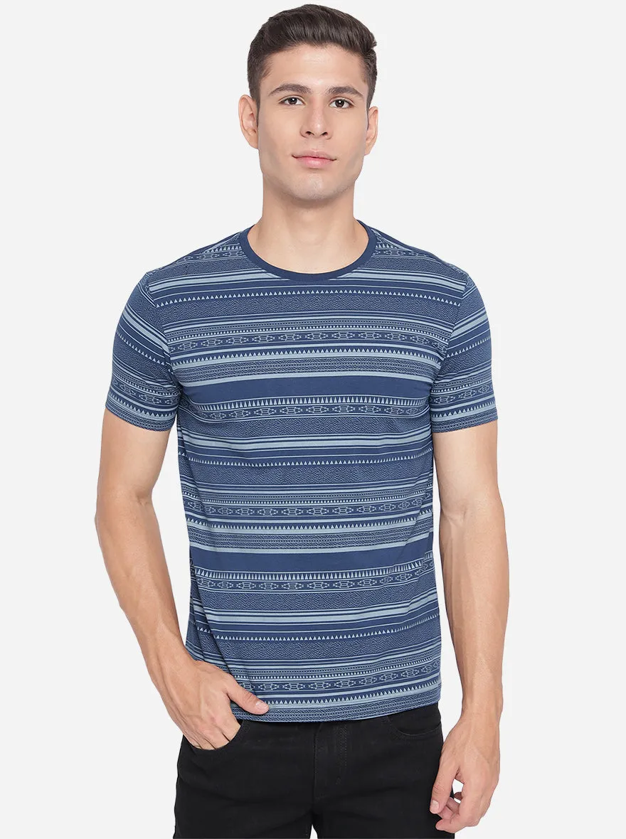 Navy Blue Printed Slim Fit T-Shirt | JadeBlue