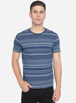 Navy Blue Printed Slim Fit T-Shirt | JadeBlue