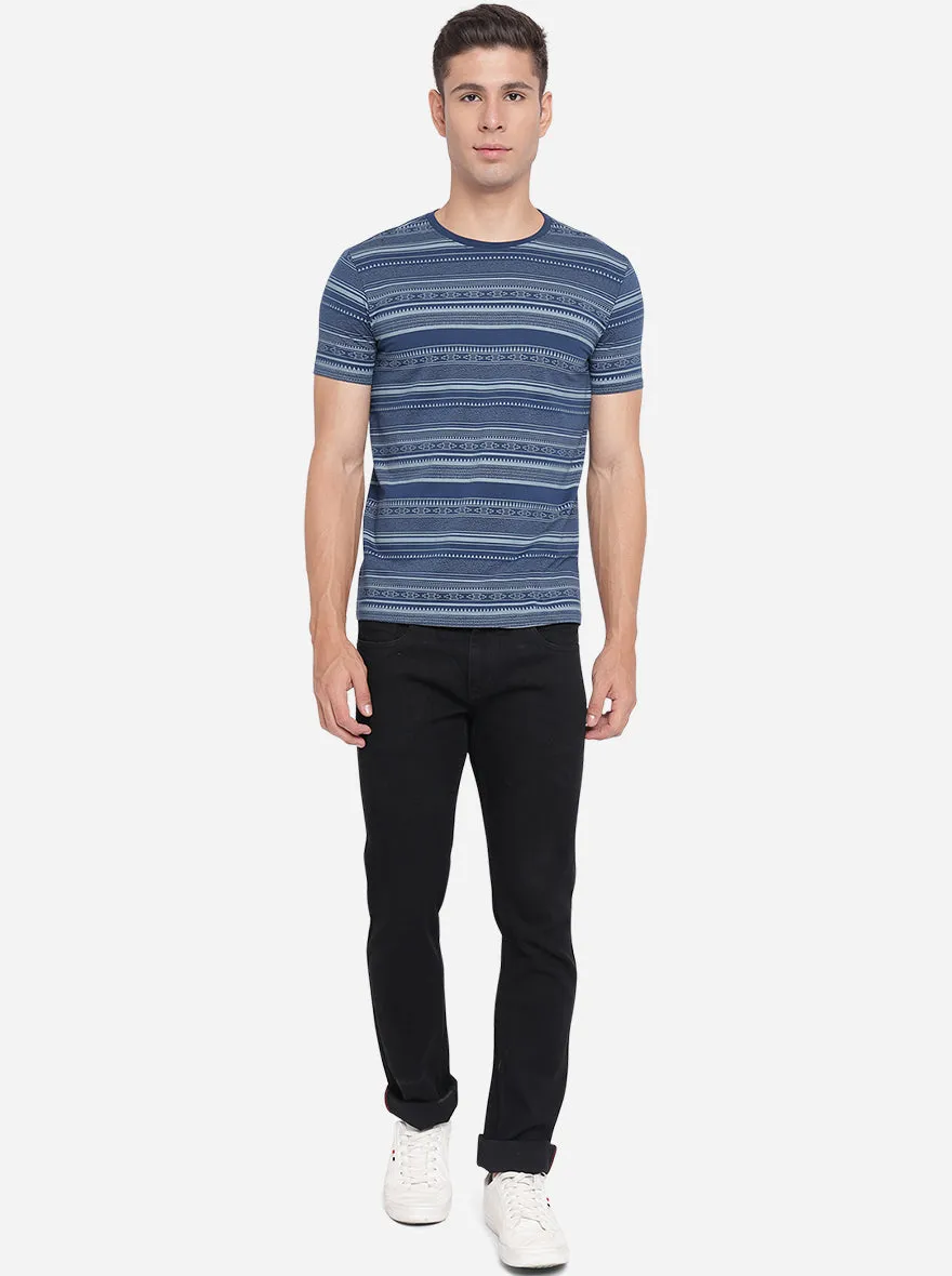 Navy Blue Printed Slim Fit T-Shirt | JadeBlue