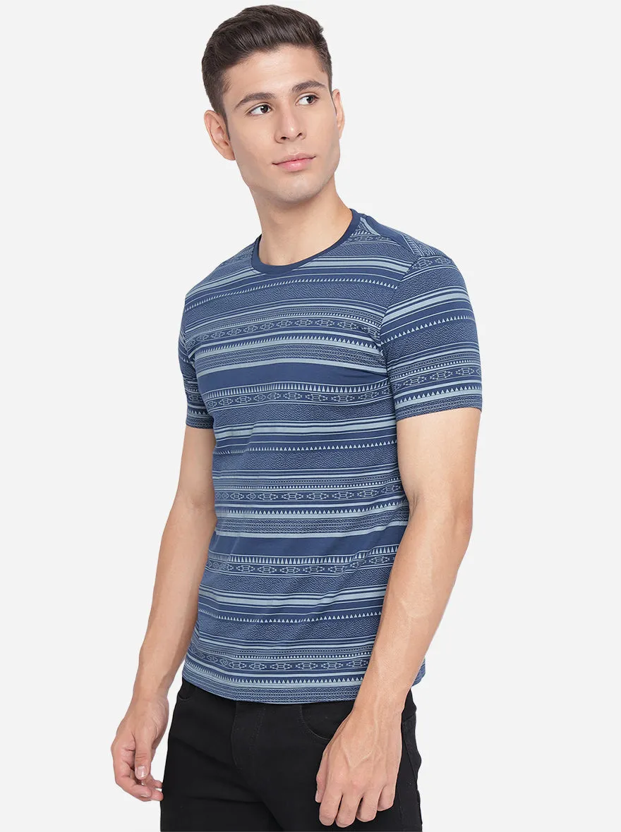 Navy Blue Printed Slim Fit T-Shirt | JadeBlue