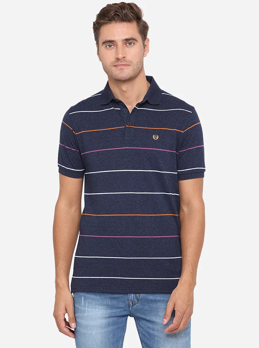 Navy Blue Striped Slim Fit Polo T-Shirt | JadeBlue