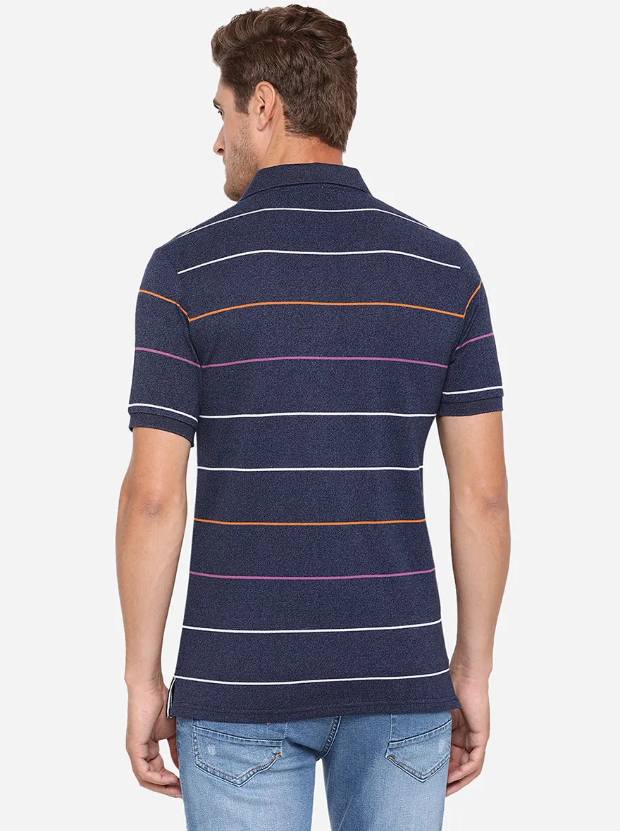 Navy Blue Striped Slim Fit Polo T-Shirt | JadeBlue