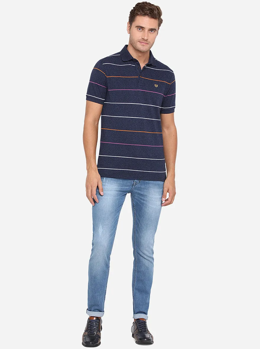 Navy Blue Striped Slim Fit Polo T-Shirt | JadeBlue
