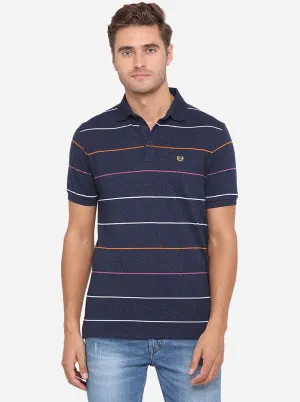 Navy Blue Striped Slim Fit Polo T-Shirt | JadeBlue