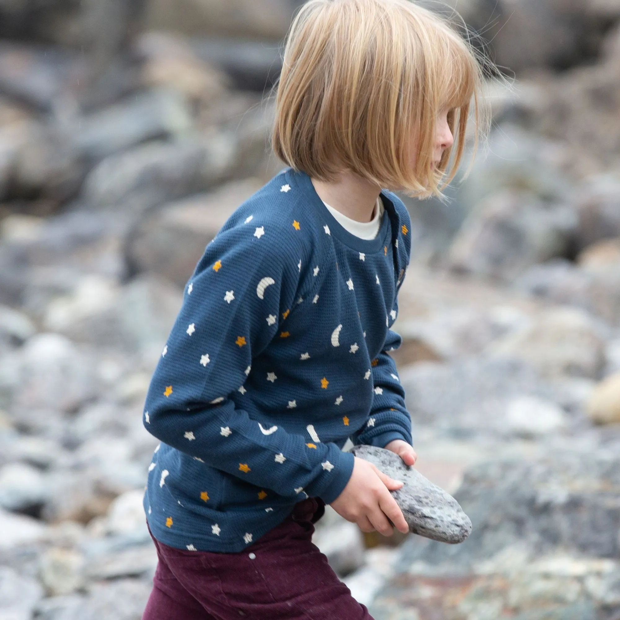 Navy Waffle Stars Long Sleeve Button Raglan T-Shirt