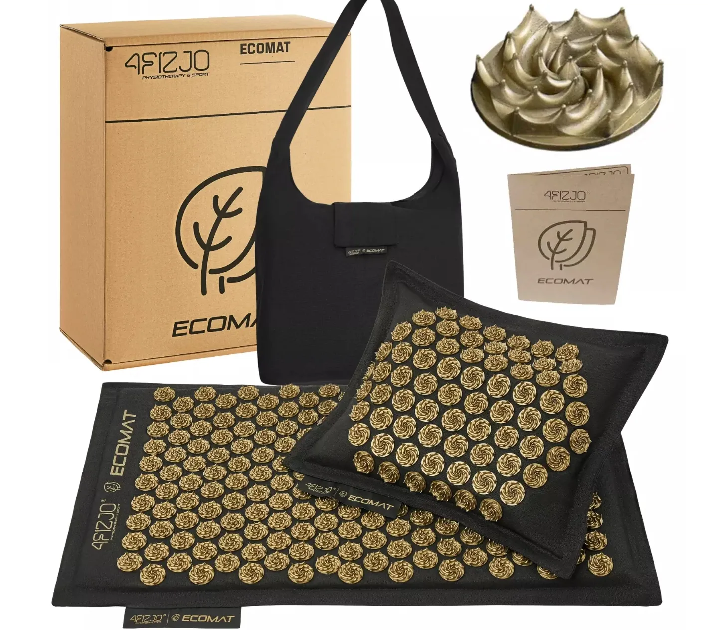New 4Fizjo acupressure Mat & Pillow set, black/gold! Coconut Fibre Filling & Camelia Spikes - Relaxed & Activated