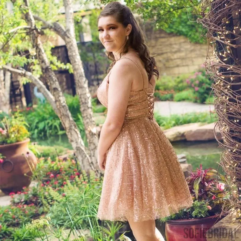 New Arrival V-neck Sleeveless Lace-up Back Short Homecoming Dress, HD0168