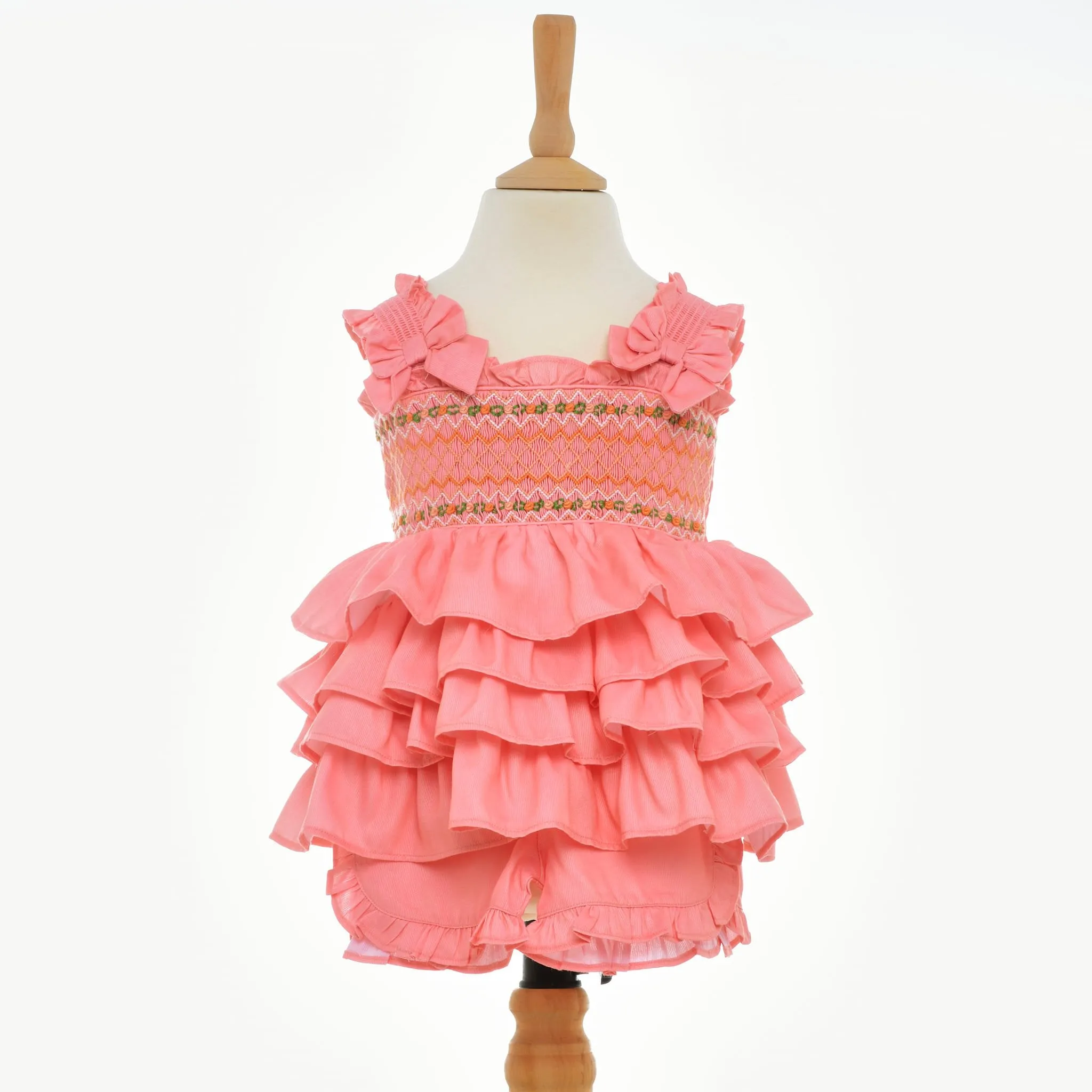 Ocean Baby Girls Peach Ruffle Smocked Shorts Set (12M-10Y)