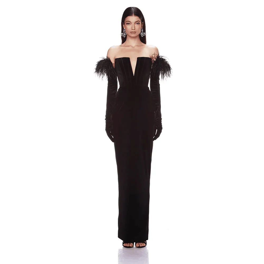 Off Shoulder Long Sleeve Feather Maxi Bandage Dress HL9401