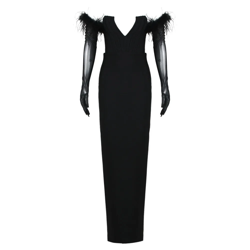 Off Shoulder Long Sleeve Feather Maxi Bandage Dress HL9401