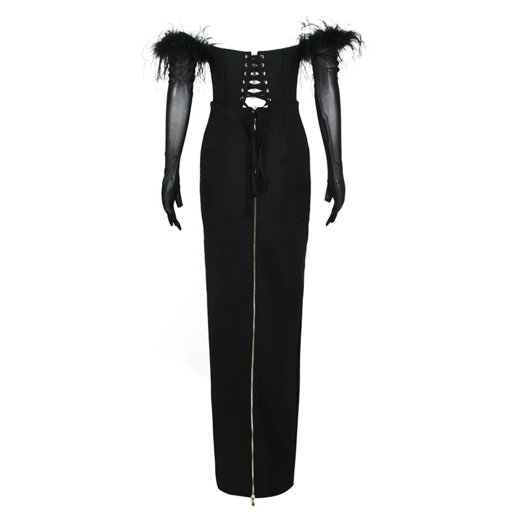 Off Shoulder Long Sleeve Feather Maxi Bandage Dress HL9401