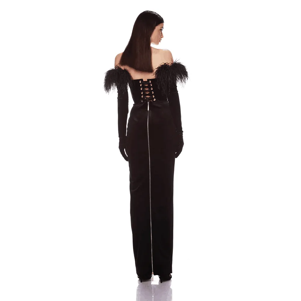 Off Shoulder Long Sleeve Feather Maxi Bandage Dress HL9401