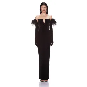 Off Shoulder Long Sleeve Feather Maxi Bandage Dress HL9401